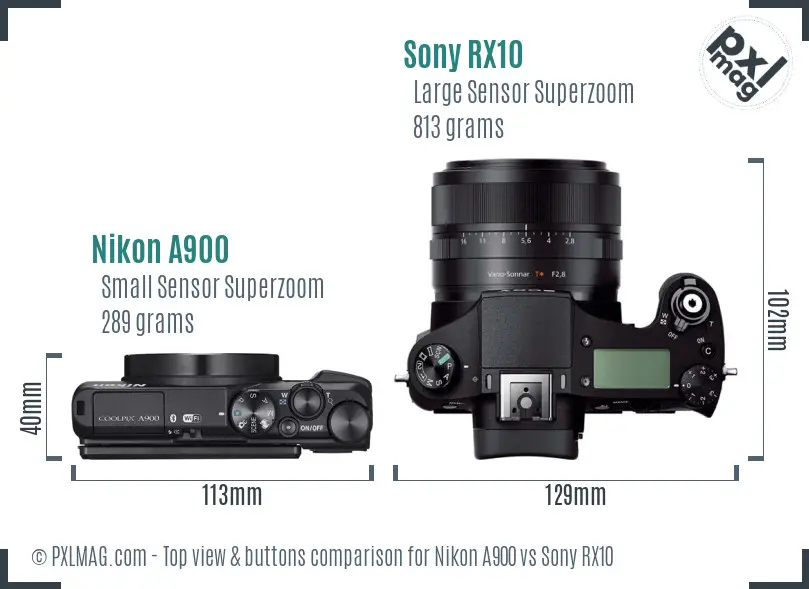 Nikon A900 vs Sony RX10 top view buttons comparison