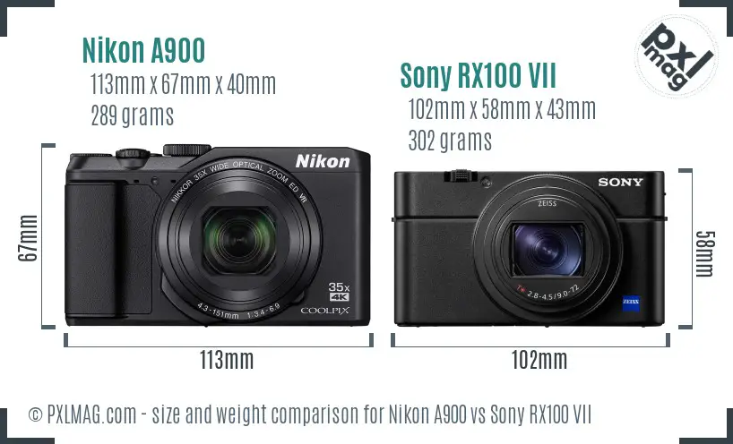 Nikon A900 vs Sony RX100 VII size comparison Nikon A900 vs Sony RX100 VII size comparison