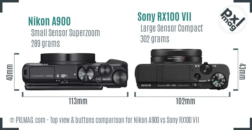 Nikon A900 vs Sony RX100 VII top view buttons comparison Nikon A900 vs Sony RX100 VII top view buttons comparison