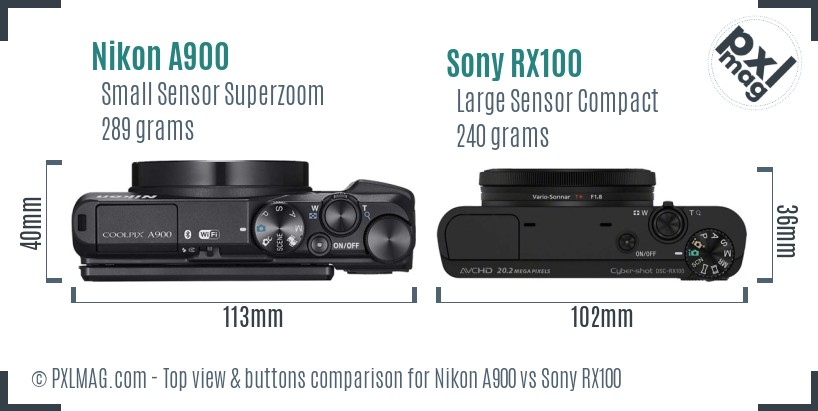 Nikon A900 vs Sony RX100 top view buttons comparison