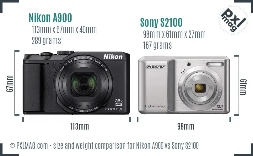 Nikon A900 vs Sony S2100 size comparison