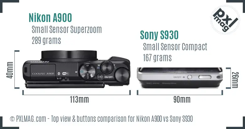 Nikon A900 vs Sony S930 top view buttons comparison Nikon A900 vs Sony S930 top view buttons comparison
