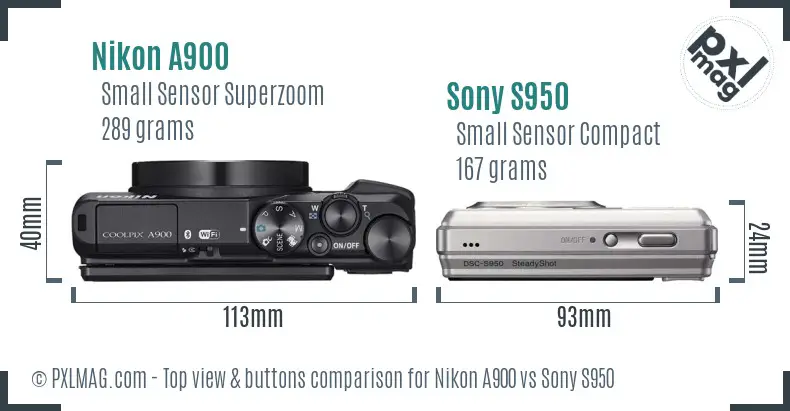Nikon A900 vs Sony S950 top view buttons comparison Nikon A900 vs Sony S950 top view buttons comparison