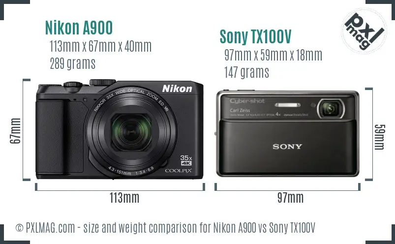 Nikon A900 vs Sony TX100V size comparison
