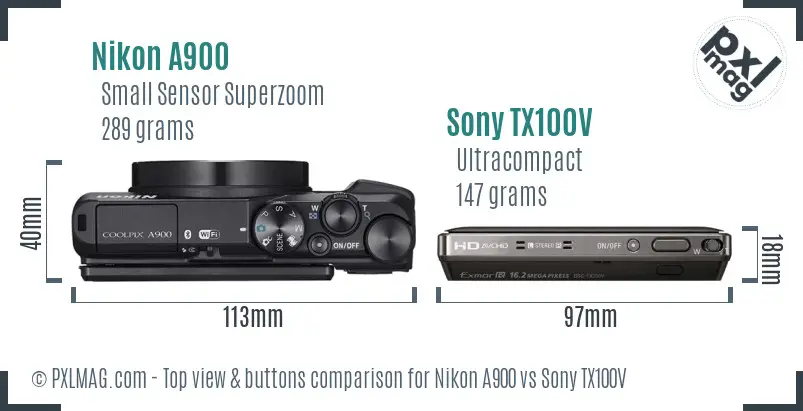 Nikon A900 vs Sony TX100V top view buttons comparison