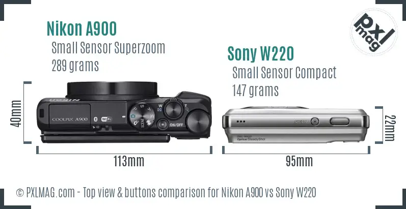 Nikon A900 vs Sony W220 top view buttons comparison Nikon A900 vs Sony W220 top view buttons comparison