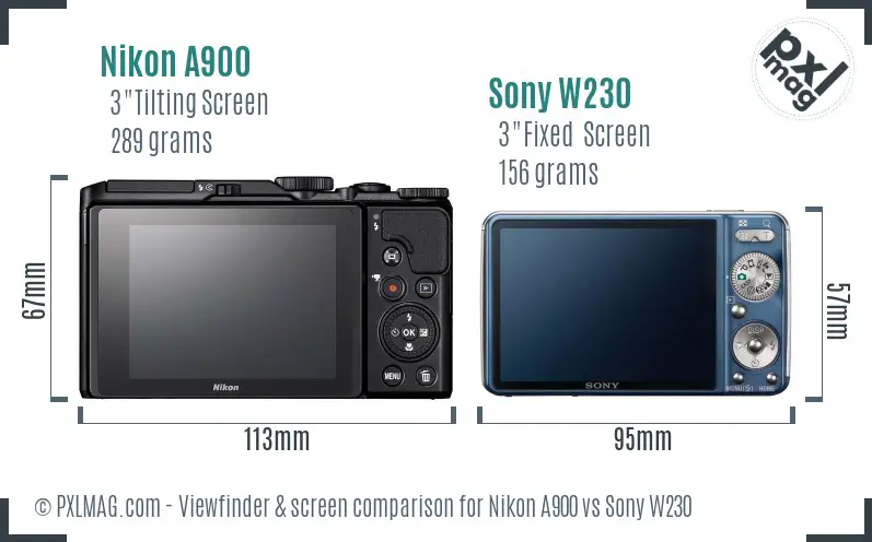 Nikon A900 vs Sony W230 Screen and Viewfinder comparison