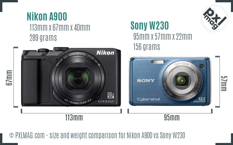 Nikon A900 vs Sony W230 size comparison