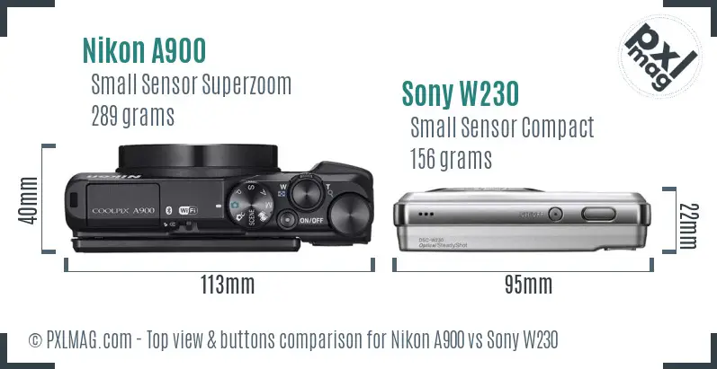 Nikon A900 vs Sony W230 top view buttons comparison