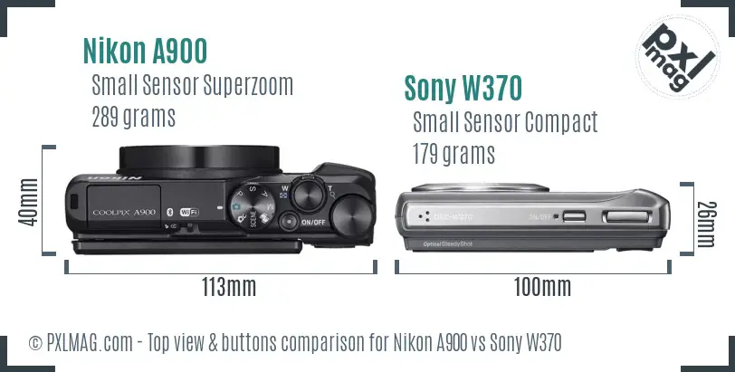 Nikon A900 vs Sony W370 top view buttons comparison