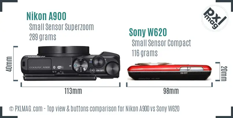 Nikon A900 vs Sony W620 top view buttons comparison Nikon A900 vs Sony W620 top view buttons comparison