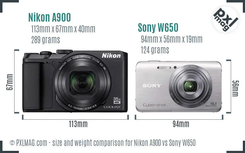 Nikon A900 vs Sony W650 size comparison