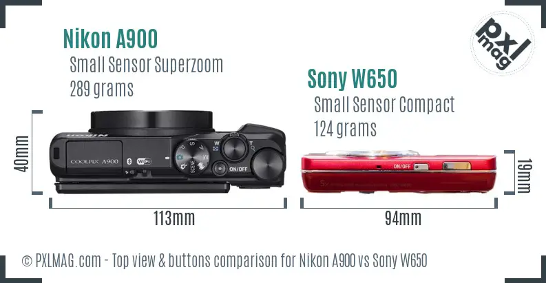 Nikon A900 vs Sony W650 top view buttons comparison