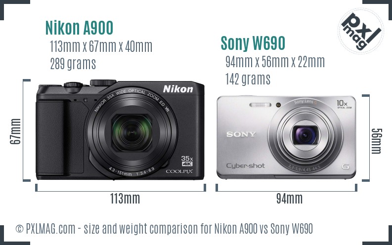 Nikon A900 vs Sony W690 size comparison