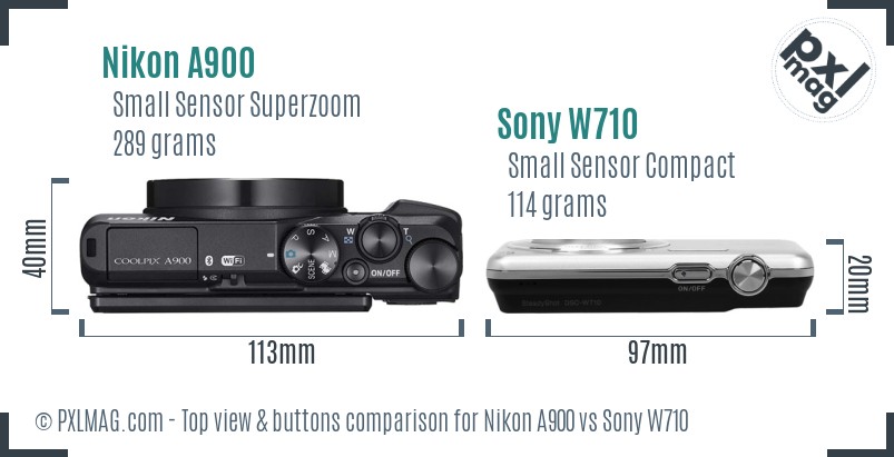 Nikon A900 vs Sony W710 top view buttons comparison