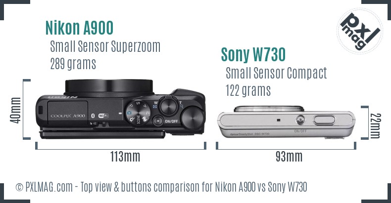 Nikon A900 vs Sony W730 top view buttons comparison