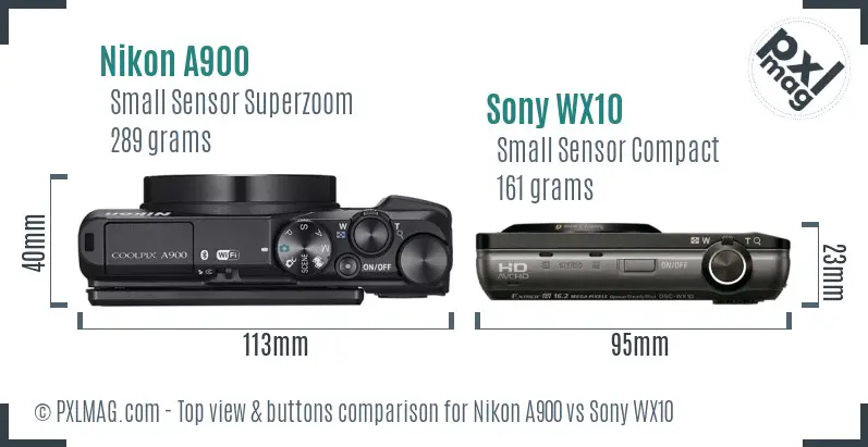 Nikon A900 vs Sony WX10 top view buttons comparison