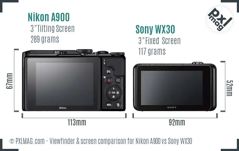 Nikon A900 vs Sony WX30 Screen and Viewfinder comparison Nikon A900 vs Sony WX30 Screen and Viewfinder comparison