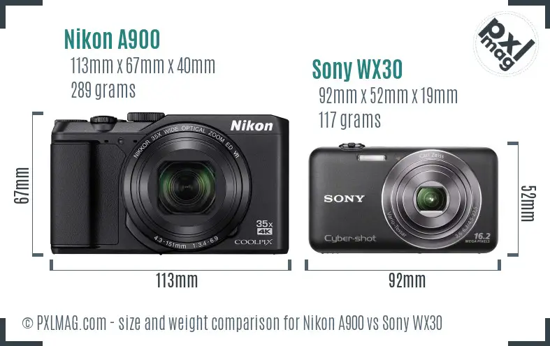 Nikon A900 vs Sony WX30 size comparison Nikon A900 vs Sony WX30 size comparison