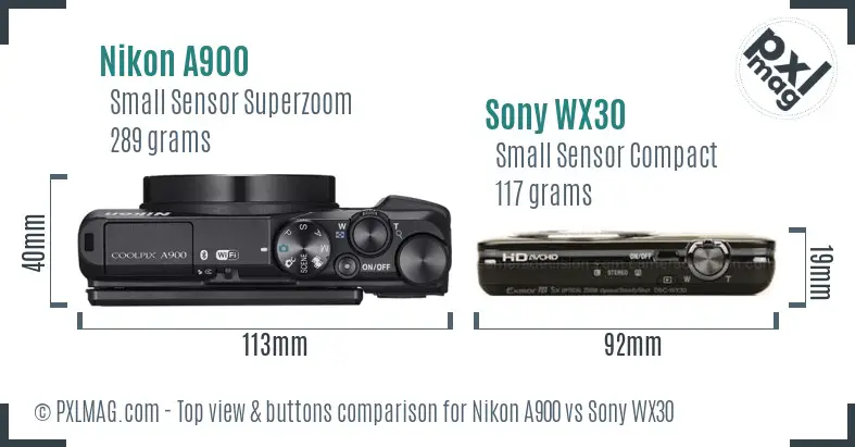 Nikon A900 vs Sony WX30 top view buttons comparison Nikon A900 vs Sony WX30 top view buttons comparison