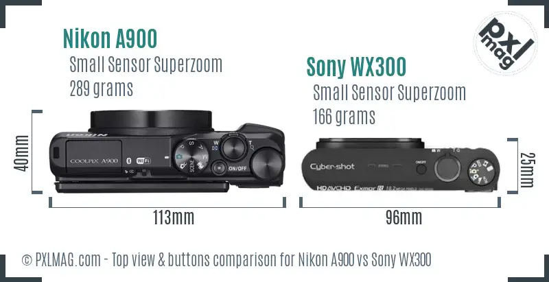 Nikon A900 vs Sony WX300 top view buttons comparison