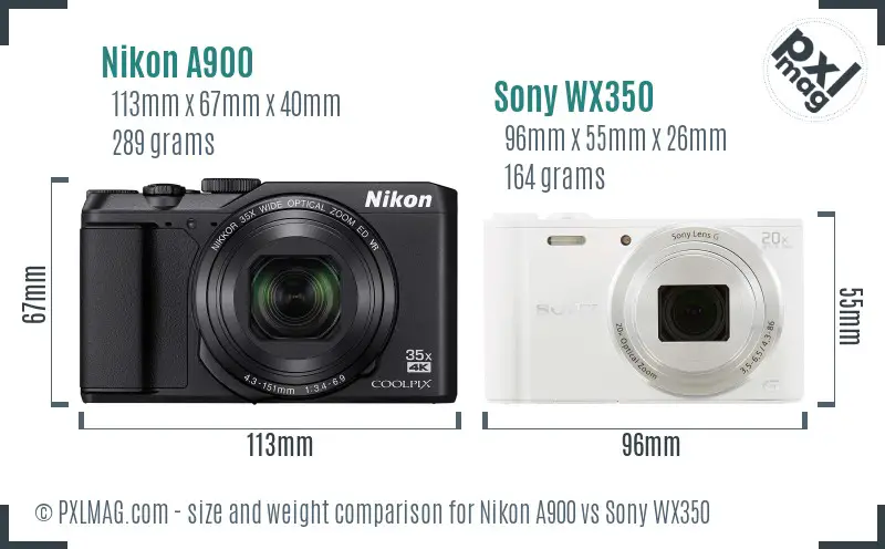 Nikon A900 vs Sony WX350 size comparison