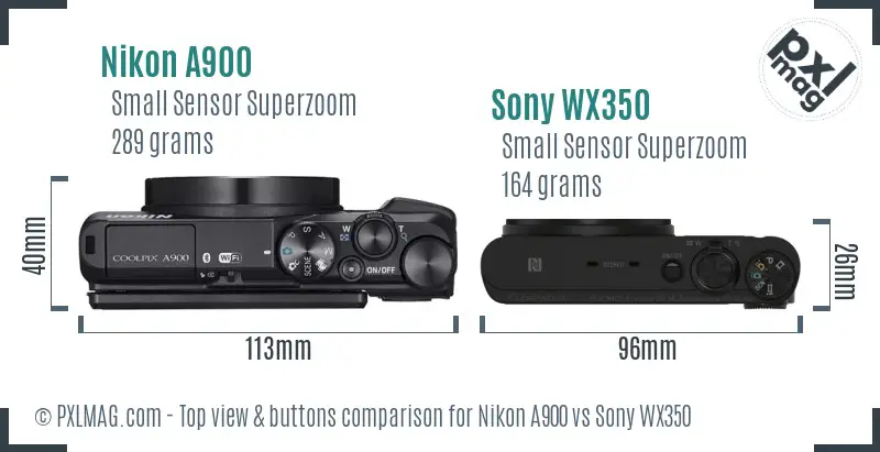 Nikon A900 vs Sony WX350 top view buttons comparison