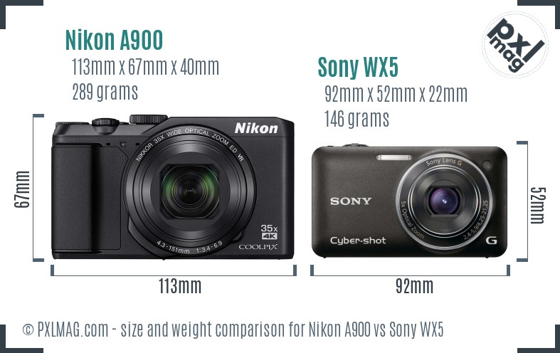 Nikon A900 vs Sony WX5 size comparison