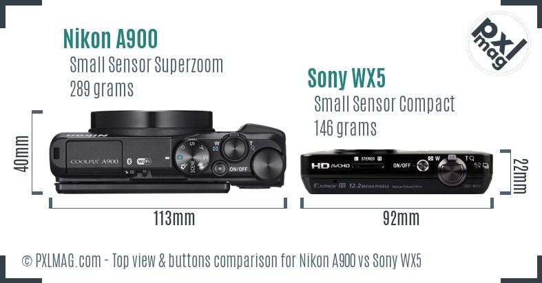 Nikon A900 vs Sony WX5 top view buttons comparison