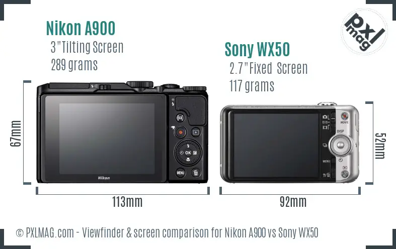 Nikon A900 vs Sony WX50 Screen and Viewfinder comparison Nikon A900 vs Sony WX50 Screen and Viewfinder comparison