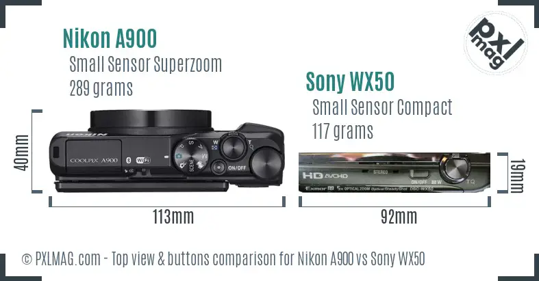 Nikon A900 vs Sony WX50 top view buttons comparison Nikon A900 vs Sony WX50 top view buttons comparison
