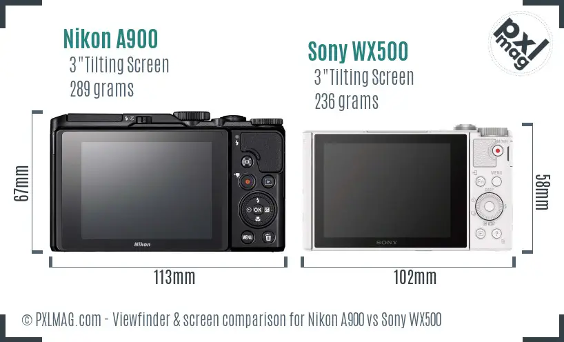 Nikon A900 vs Sony WX500 Screen and Viewfinder comparison