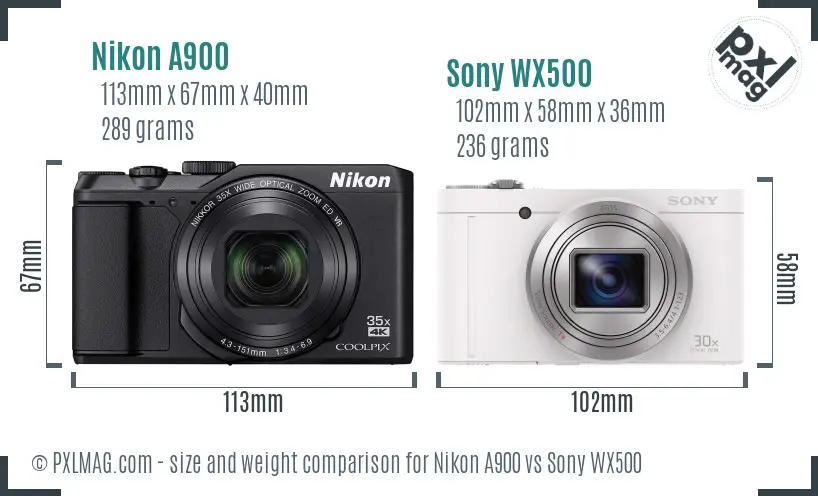 Nikon A900 vs Sony WX500 size comparison