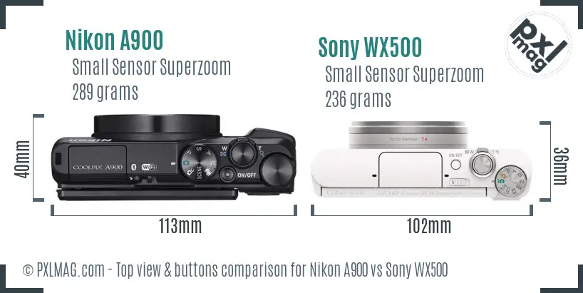 Nikon A900 vs Sony WX500 top view buttons comparison