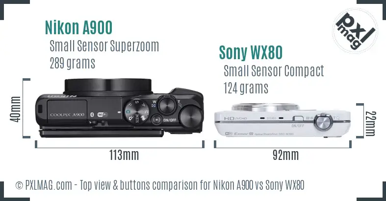 Nikon A900 vs Sony WX80 top view buttons comparison