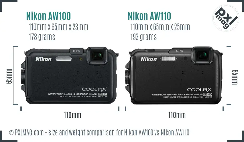 Nikon AW100 vs Nikon AW110 size comparison
