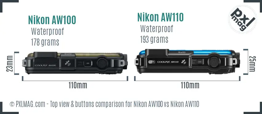 Nikon AW100 vs Nikon AW110 top view buttons comparison