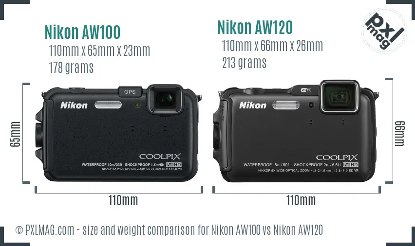 Nikon AW100 vs Nikon AW120 size comparison