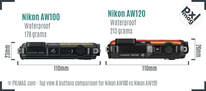 Nikon AW100 vs Nikon AW120 top view buttons comparison