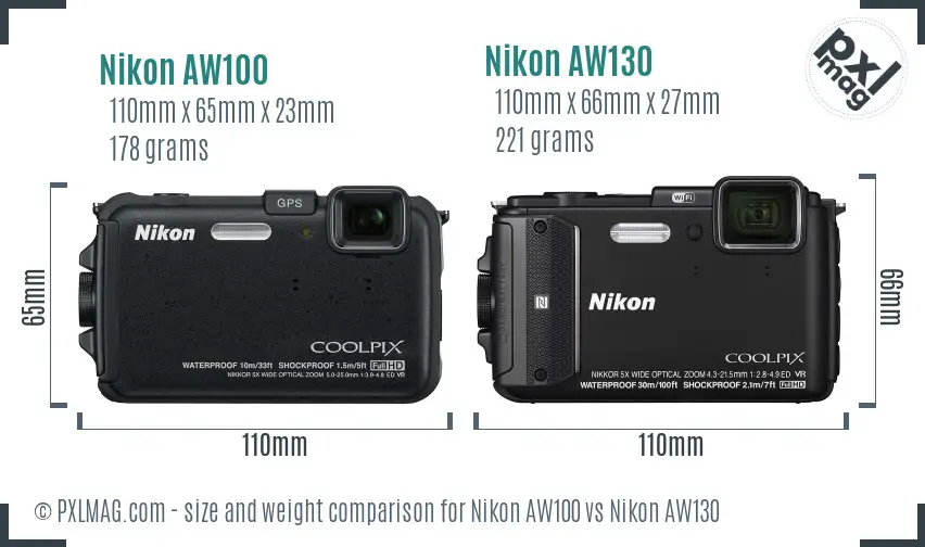 Nikon AW100 vs Nikon AW130 size comparison