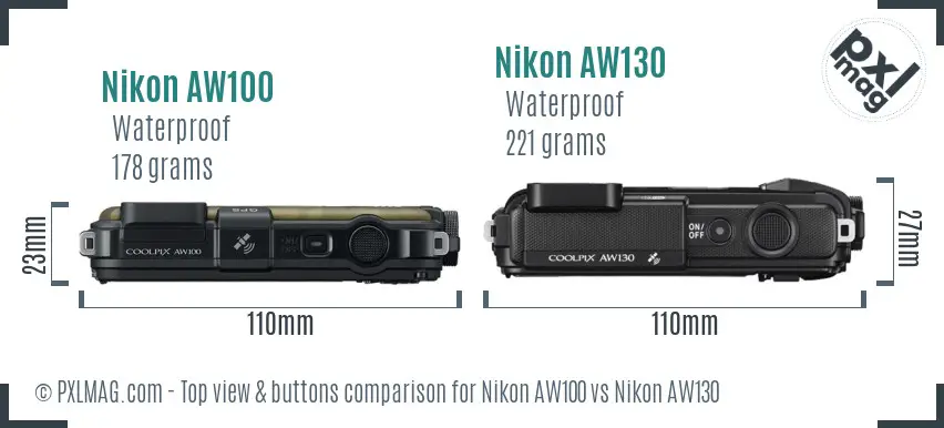 Nikon AW100 vs Nikon AW130 top view buttons comparison