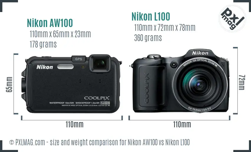 Nikon AW100 vs Nikon L100 size comparison