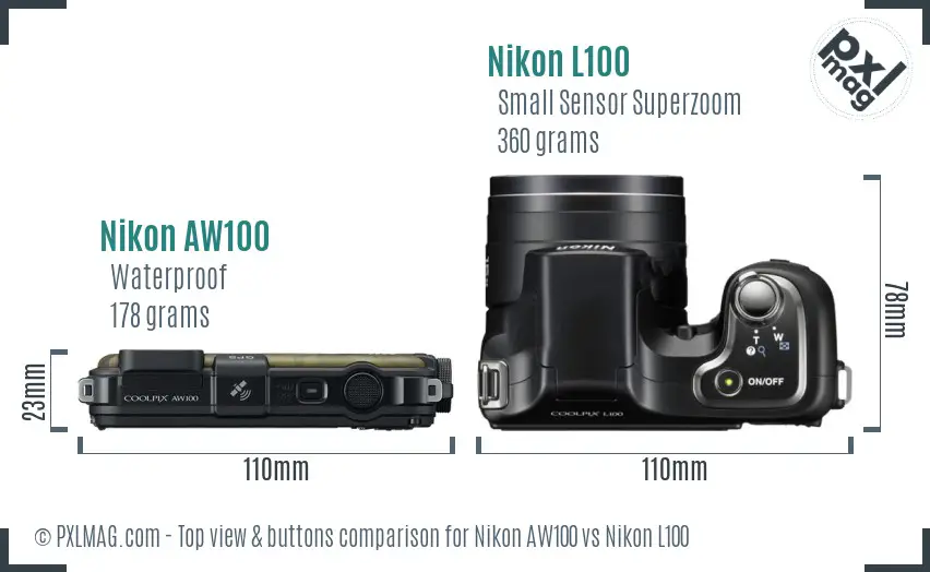 Nikon AW100 vs Nikon L100 top view buttons comparison