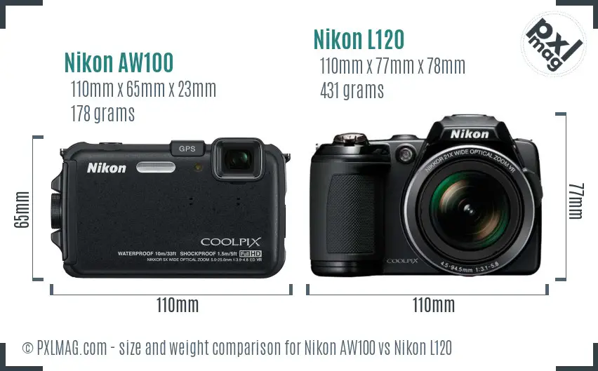 Nikon AW100 vs Nikon L120 size comparison