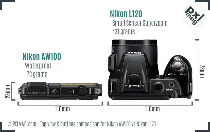 Nikon AW100 vs Nikon L120 top view buttons comparison