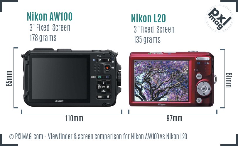 Nikon AW100 vs Nikon L20 Screen and Viewfinder comparison
