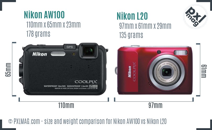 Nikon AW100 vs Nikon L20 size comparison