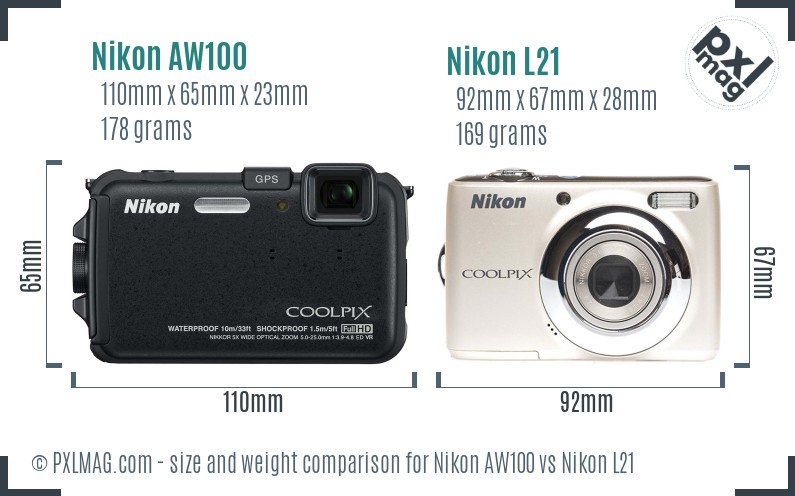 Nikon AW100 vs Nikon L21 size comparison