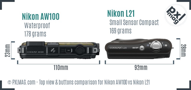 Nikon AW100 vs Nikon L21 top view buttons comparison