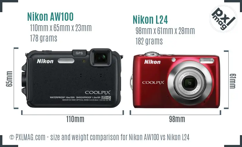 Nikon AW100 vs Nikon L24 size comparison